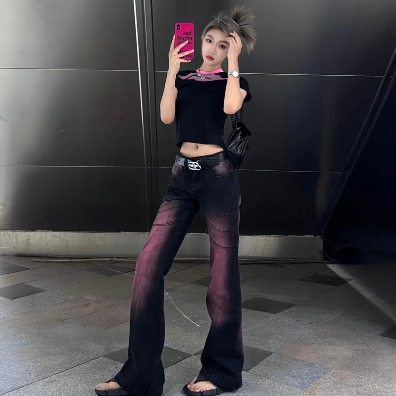 Blugi americani de epocă violet pentru femei, cu design de stradă, cu talie joasă, cu fermoar, buzunare cu nasturi, pantaloni drepți, subțiri, micro evazați.