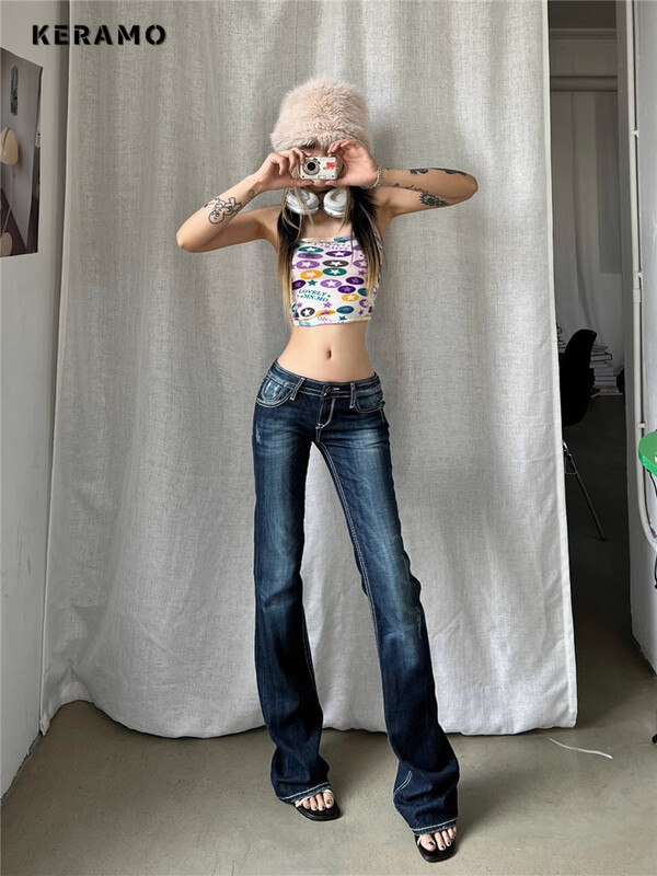 Femei Gyaru japonez Harajuku Trashy Y2K Blugi Pantaloni evazați din blugi anii 2000 Pantaloni lungi cu fundul clopot Kpop Vintage Slim Hot