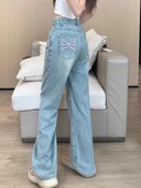 Blugi albaștri cu talie înaltă pentru femei, pantaloni drepți din denim cu broderie cu fundă, primăvară, vară, pantaloni largi, casual, cu picioare largi