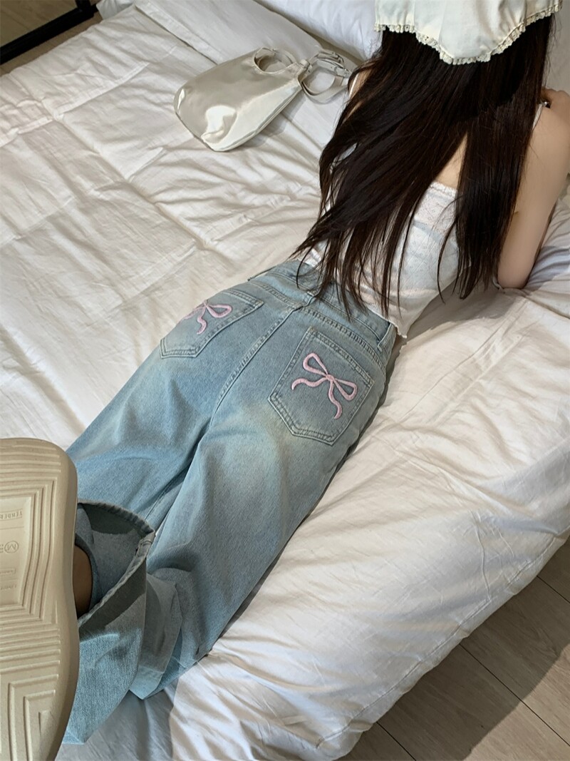 Blugi albaștri cu talie înaltă pentru femei, pantaloni drepți din denim cu broderie cu fundă, primăvară, vară, pantaloni largi, casual, cu picioare largi