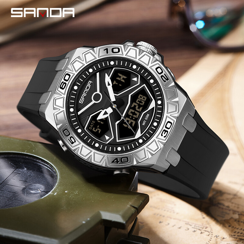 SANDA Κορυφαία επώνυμη μόδα Νέο ανδρικό αθλητικό ρολόι χαλαζία διπλής οθόνης Αδιάβροχο χρονόμετρο LED Ψηφιακό ανδρικό ηλεκτρονικό ρολόι καρπού