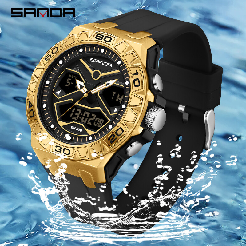 SANDA Κορυφαία επώνυμη μόδα Νέο ανδρικό αθλητικό ρολόι χαλαζία διπλής οθόνης Αδιάβροχο χρονόμετρο LED Ψηφιακό ανδρικό ηλεκτρονικό ρολόι καρπού
