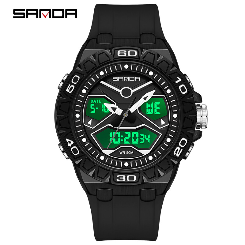 SANDA Κορυφαία επώνυμη μόδα Νέο ανδρικό αθλητικό ρολόι χαλαζία διπλής οθόνης Αδιάβροχο χρονόμετρο LED Ψηφιακό ανδρικό ηλεκτρονικό ρολόι καρπού