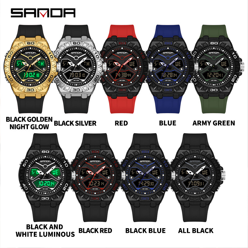SANDA Κορυφαία επώνυμη μόδα Νέο ανδρικό αθλητικό ρολόι χαλαζία διπλής οθόνης Αδιάβροχο χρονόμετρο LED Ψηφιακό ανδρικό ηλεκτρονικό ρολόι καρπού