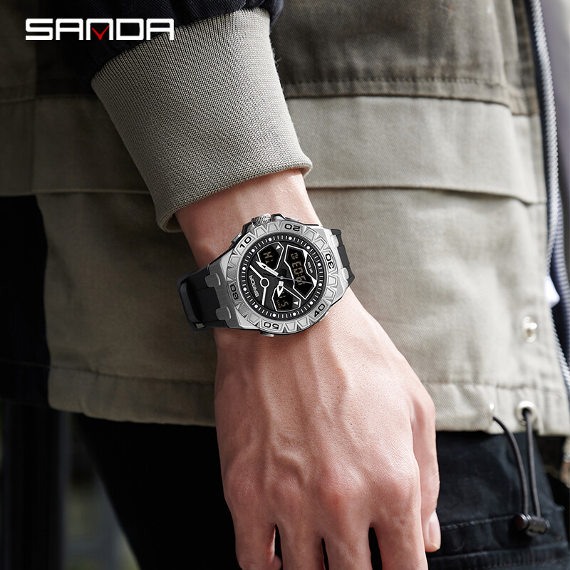 SANDA Κορυφαία επώνυμη μόδα Νέο ανδρικό αθλητικό ρολόι χαλαζία διπλής οθόνης Αδιάβροχο χρονόμετρο LED Ψηφιακό ανδρικό ηλεκτρονικό ρολόι καρπού