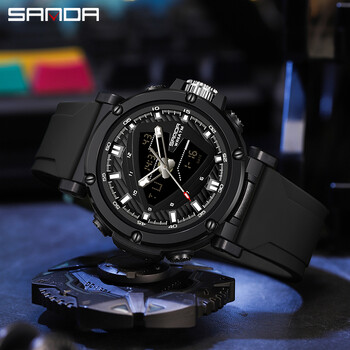 Ρολόι για άνδρες SANDA Quartz Electronic Watches Dual Display Wristwatches Συναγερμός με ιμάντα σιλικόνης Φωτεινό χρονόμετρο 50m Αδιάβροχο