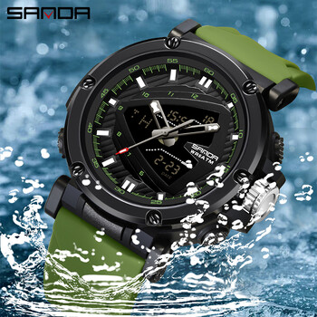 Ρολόι για άνδρες SANDA Quartz Electronic Watches Dual Display Wristwatches Συναγερμός με ιμάντα σιλικόνης Φωτεινό χρονόμετρο 50m Αδιάβροχο