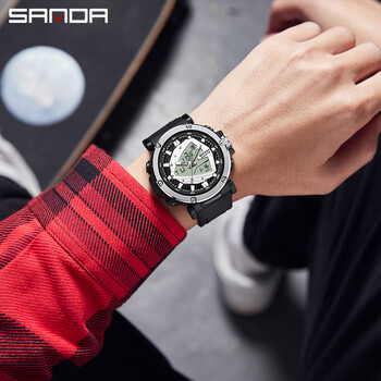 Ρολόι για άνδρες SANDA Quartz Electronic Watches Dual Display Wristwatches Συναγερμός με ιμάντα σιλικόνης Φωτεινό χρονόμετρο 50m Αδιάβροχο