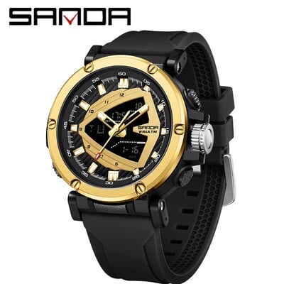 Ceas pentru bărbați Ceasuri electronice cu quartz SANDA Ceasuri de mână cu afișaj dublu Curea din silicon Alarma Cronometru luminos 50m Rezistent la apă