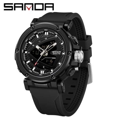 Ceas pentru bărbați Ceasuri electronice cu quartz SANDA Ceasuri de mână cu afișaj dublu Curea din silicon Alarma Cronometru luminos 50m Rezistent la apă