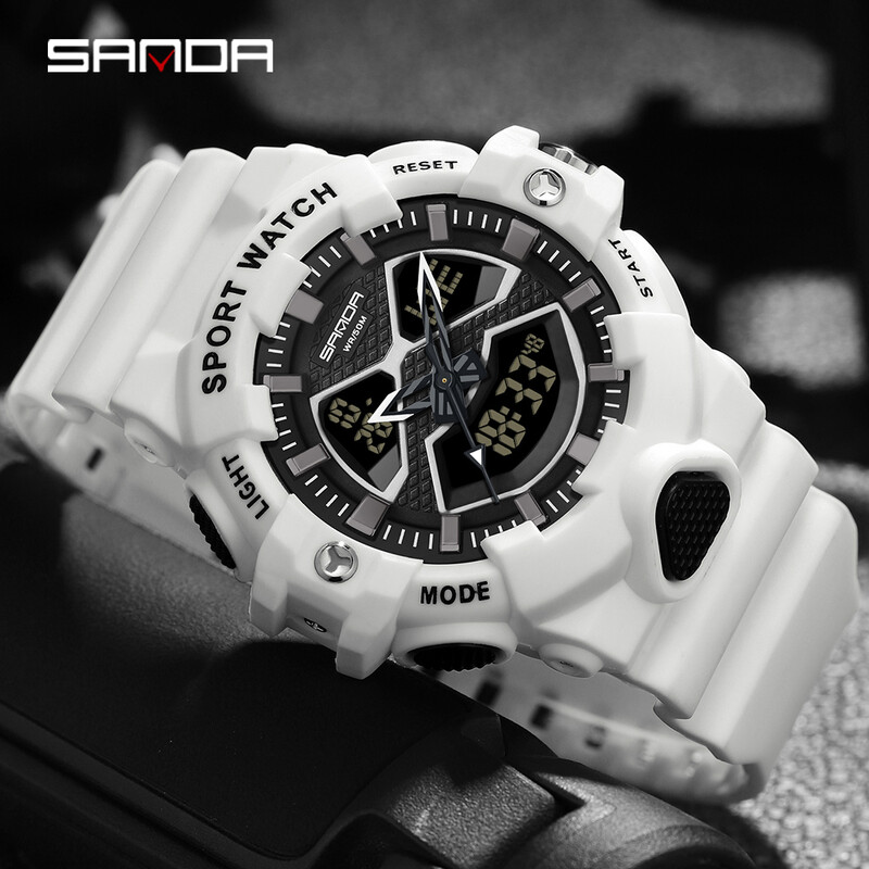 SANDA Sport în aer liber Ceas pentru bărbați în stil G Cronograf rezistent la apă Cronometru cu afișaj dublu Ceas de mână electronică digitală cu cuarț LED