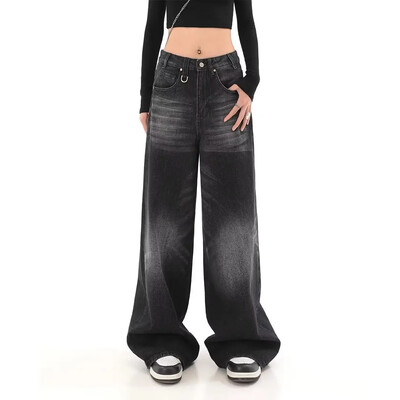 Vintage pesu distressed mustad laia säärega teksad Naiste uued kõrge vöökohaga avarad sirge säärega pikad püksid trendikas