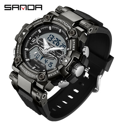 SANDA Top Brand Men Dual Movement Display Ρολόγια Quartz Πολυλειτουργικό ανδρικό ρολόι φωτεινό αδιάβροχο ηλεκτρονικό χρονογράφο