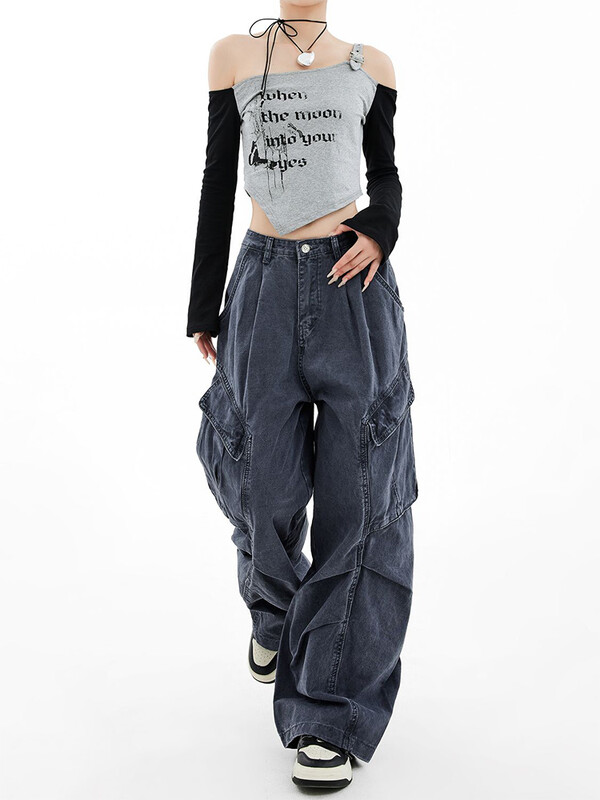 Blugi Cargo largi de damă Harajuku Pantaloni estetici din denim din anii 90 Y2k Pantaloni de jeans în stil japonez vintage în anii 2000 Haine trash 2024
