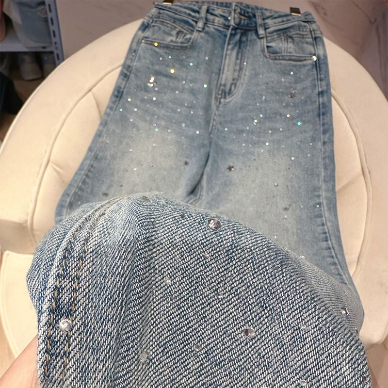 Pantaloni din denim cu stea cu strasuri la modă, blugi din denim spălați cu talie înaltă pentru femei, pantaloni drepti largi de vară 2024 nou sosire