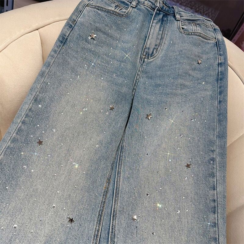 Pantaloni din denim cu stea cu strasuri la modă, blugi din denim spălați cu talie înaltă pentru femei, pantaloni drepti largi de vară 2024 nou sosire