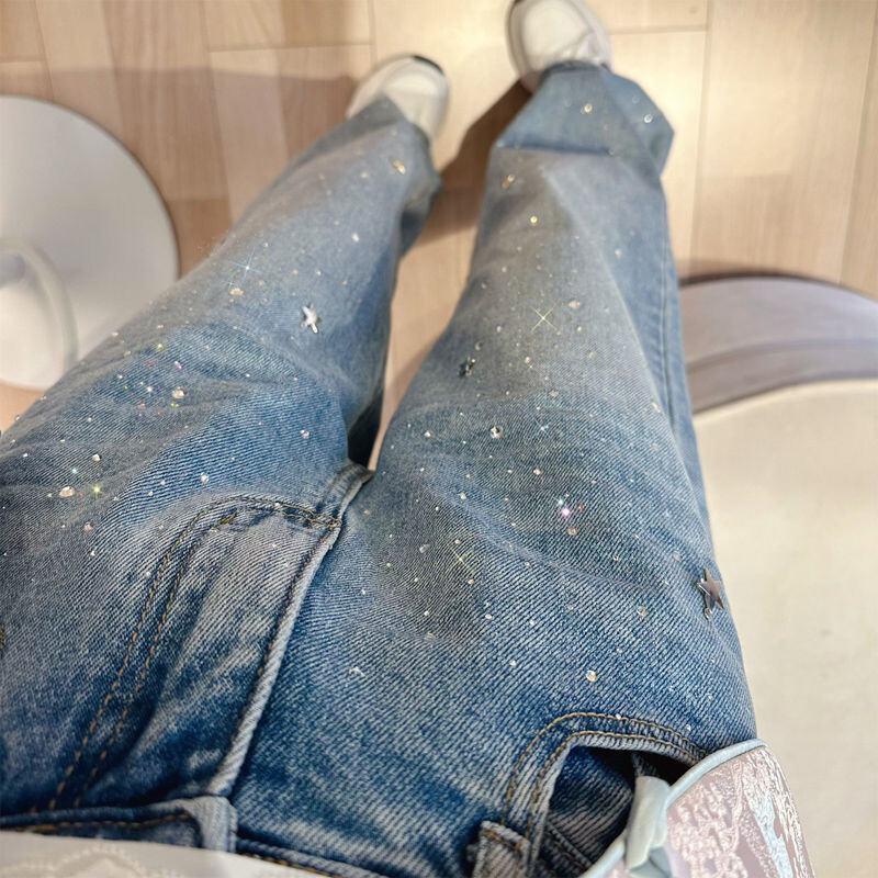 Pantaloni din denim cu stea cu strasuri la modă, blugi din denim spălați cu talie înaltă pentru femei, pantaloni drepti largi de vară 2024 nou sosire