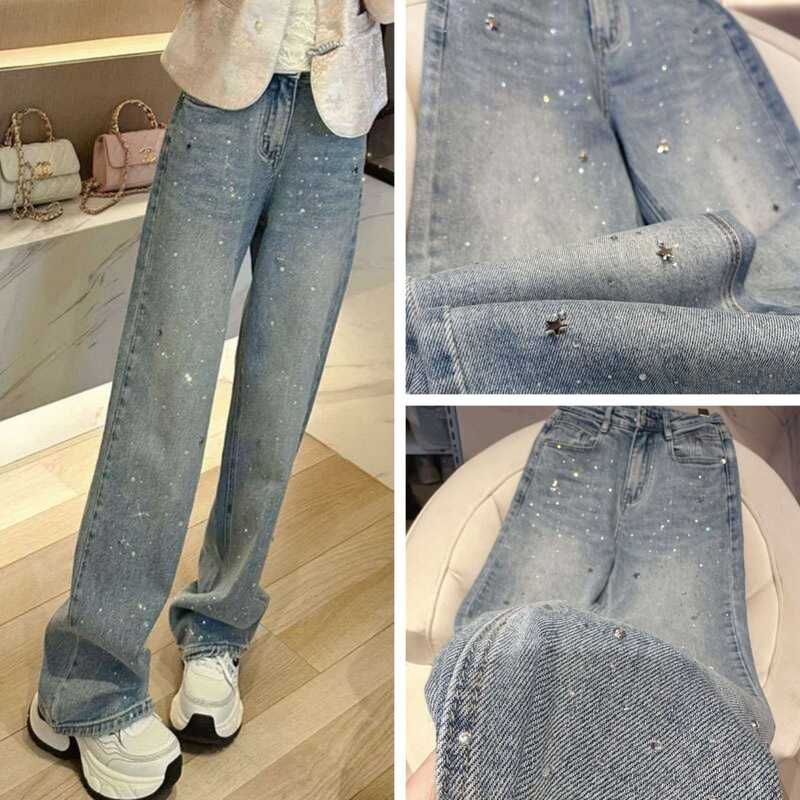 Pantaloni din denim cu stea cu strasuri la modă, blugi din denim spălați cu talie înaltă pentru femei, pantaloni drepti largi de vară 2024 nou sosire