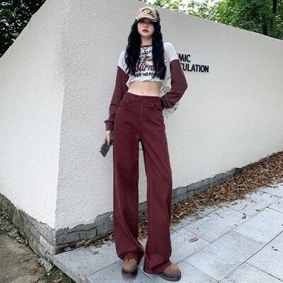 2023. aasta sügise ja talve telliskivipunane kõrge vöökoht, sirge jalg, laia säärega teksad Naiste avarad püksid, mis näitavad õhuke ja kõrge välimust