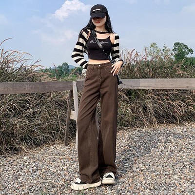 2023. aasta sügise ja talve telliskivipunane kõrge vöökoht, sirge jalg, laia säärega teksad Naiste avarad püksid, mis näitavad õhuke ja kõrge välimust