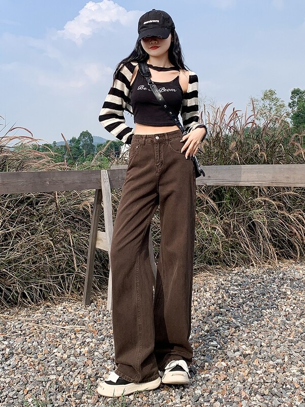 2023. aasta sügise ja talve telliskivipunane kõrge vöökoht, sirge jalg, laia säärega teksad Naiste avarad püksid, mis näitavad õhuke ja kõrge välimust