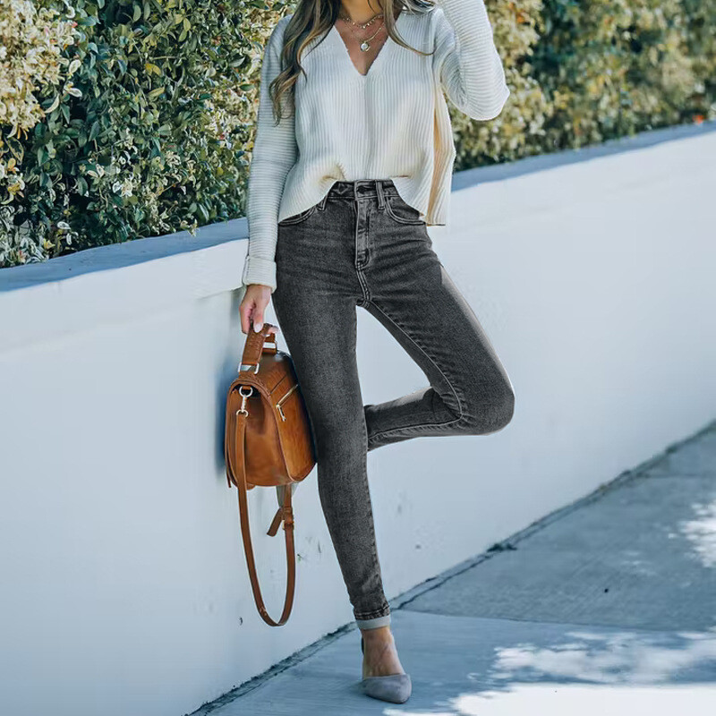 naiste vabaaja teksapüksid kõrge vöökohaga Pleegitatud õhukesed Kõrge elastsusega sobivad pikad Pliiatspüksid naiste püksid hea kvaliteediga 91Y22