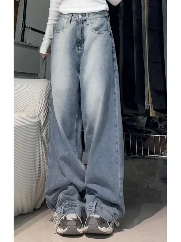 Vintage ülisuured laia säärega teksad naiste sirged lahtised teksad mood šikid laia säärega püksid