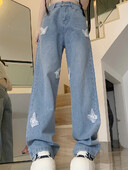 Ins Femei Pantaloni cu talie înaltă Fluture Skater Blugi Femeie Denim supradimensionați Pantaloni largi Fete Pantaloni drepti albastru deschis