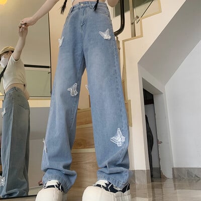 Ins Femei Pantaloni cu talie înaltă Fluture Skater Blugi Femeie Denim supradimensionați Pantaloni largi Fete Pantaloni drepti albastru deschis