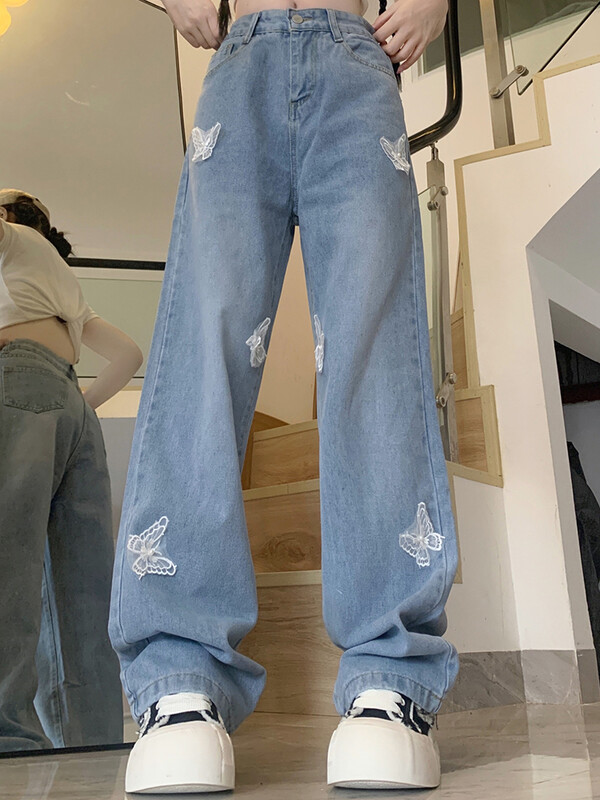 Ins Femei Pantaloni cu talie înaltă Fluture Skater Blugi Femeie Denim supradimensionați Pantaloni largi Fete Pantaloni drepti albastru deschis