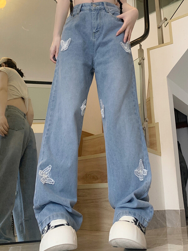 Ins Femei Pantaloni cu talie înaltă Fluture Skater Blugi Femeie Denim supradimensionați Pantaloni largi Fete Pantaloni drepti albastru deschis