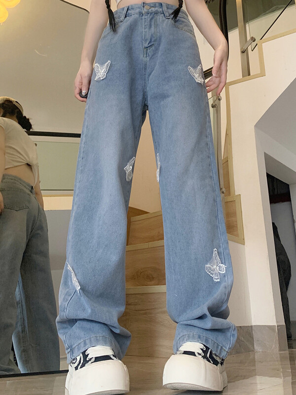 Ins Femei Pantaloni cu talie înaltă Fluture Skater Blugi Femeie Denim supradimensionați Pantaloni largi Fete Pantaloni drepti albastru deschis