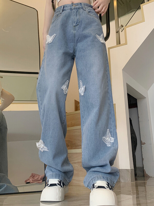 Ins Femei Pantaloni cu talie înaltă Fluture Skater Blugi Femeie Denim supradimensionați Pantaloni largi Fete Pantaloni drepti albastru deschis