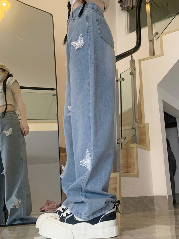 Ins Femei Pantaloni cu talie înaltă Fluture Skater Blugi Femeie Denim supradimensionați Pantaloni largi Fete Pantaloni drepti albastru deschis