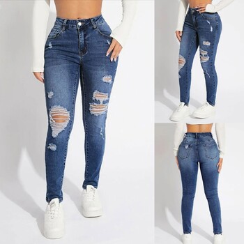 Γυναικεία Skinny Trend Ripped Casual Fashion Jeans Small Foot Jeans Ελαστική μέση με κορδόνι Τζιν Μόδα Skinny Slim παντελόνι μέχρι τον αστράγαλο