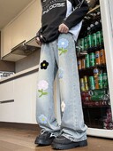 2024 blugi americani brodați pentru bărbați de vară largi picior drept la modă brand high street pantaloni lungi vintage befree