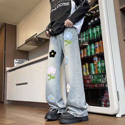 2024 blugi americani brodați pentru bărbați de vară largi picior drept la modă brand high street pantaloni lungi vintage befree