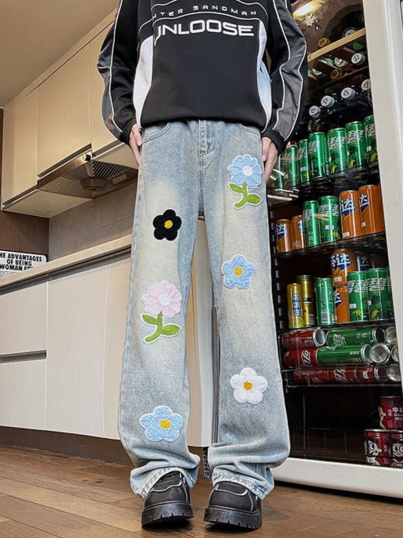 2024 blugi americani brodați pentru bărbați de vară largi picior drept la modă brand high street pantaloni lungi vintage befree