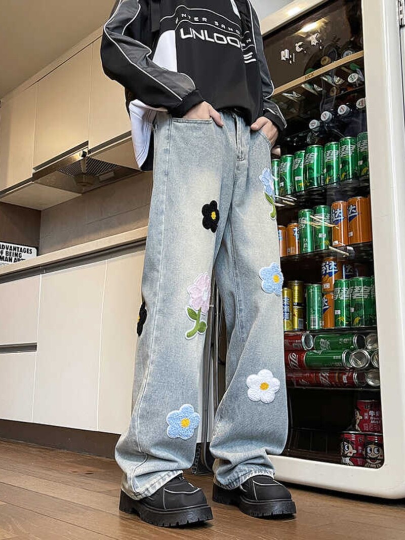 2024 blugi americani brodați pentru bărbați de vară largi picior drept la modă brand high street pantaloni lungi vintage befree