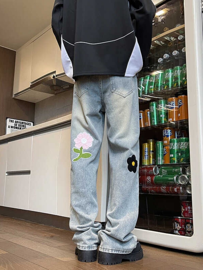 2024 blugi americani brodați pentru bărbați de vară largi picior drept la modă brand high street pantaloni lungi vintage befree