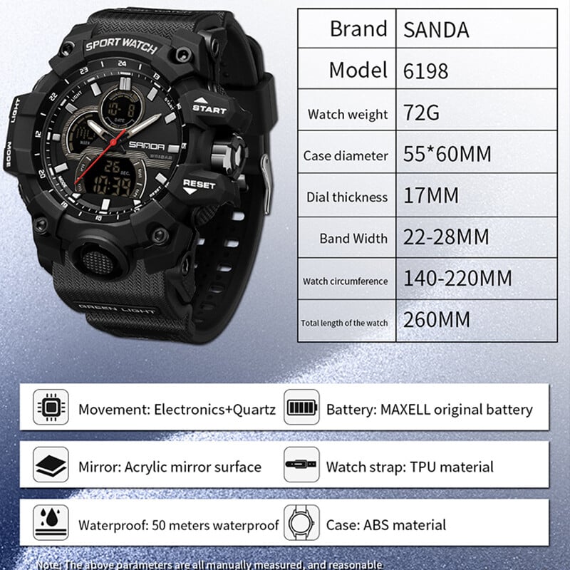 SANDA G stiilis meeste käekell Kahe ekraaniga multifunktsionaalne välispordi digitaalne kvartskäekell veekindel stopper elektrooniline kell