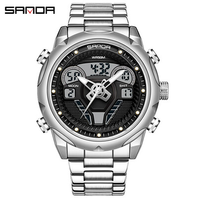 SANDA meeste vabaaja spordikellad veekindlad sõjalisest terasest randmekellad kronograafi topeltekraaniga elektronkäekell Reloj Hombre