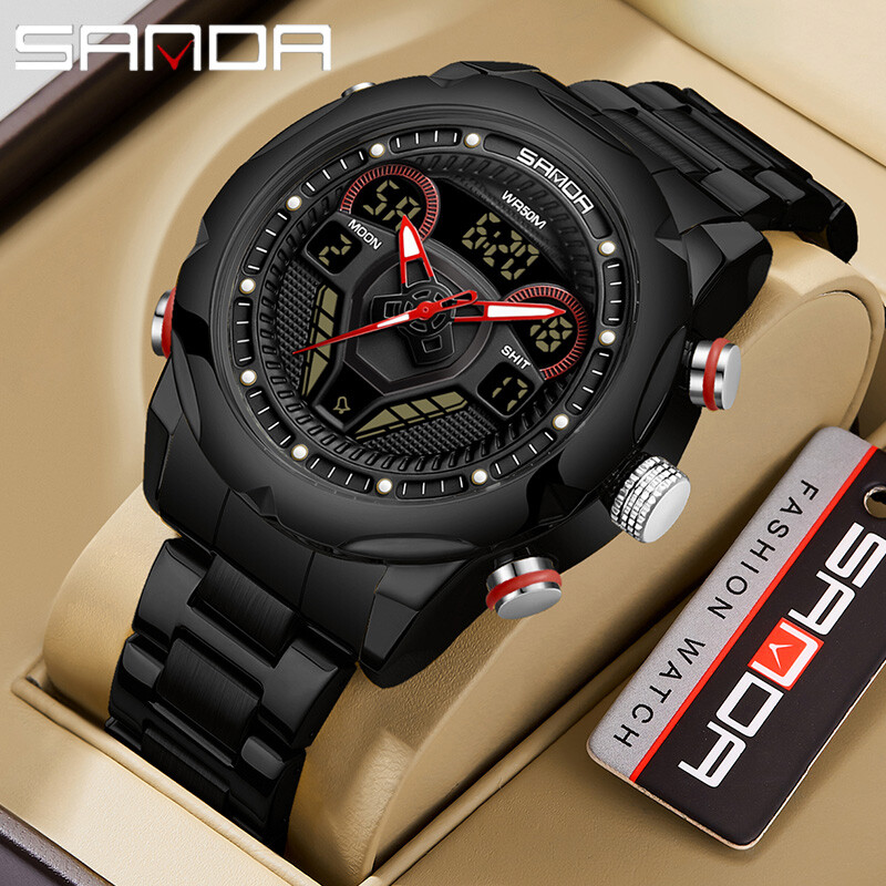 SANDA meeste vabaaja spordikellad veekindlad sõjalisest terasest randmekellad kronograafi topeltekraaniga elektronkäekell Reloj Hombre