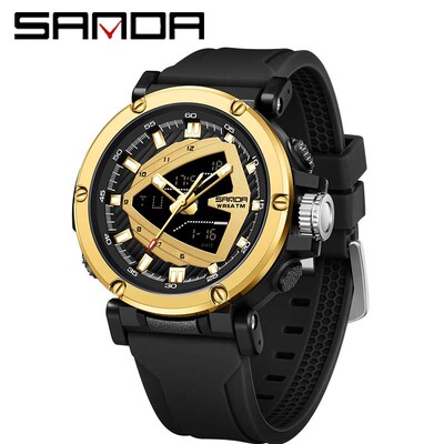 Ceas de cuarț pentru bărbați SANDA Sport Ceasuri electronice Cronograf Alarmă Cronometru luminos 50M Rezistent la apă Ceas de mână cu afișaj dublu