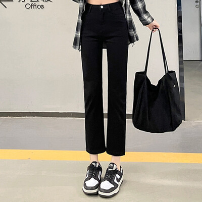 Tüdrukute mood vabaaja kõrge vöökohaga klassikalised sirge säärega teksad kontori naised vanad tänavarõivad preppy stiilis teksapüksid, suured