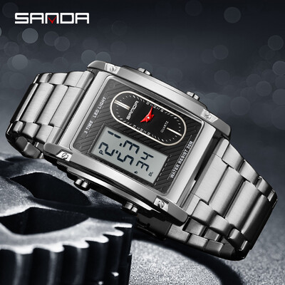 SANDA Fashion Ceas electronic creativ pentru bărbați Afișaj dublu Ceas electronic cu cuarț multifuncțional rezistent la apă Reno Masculino