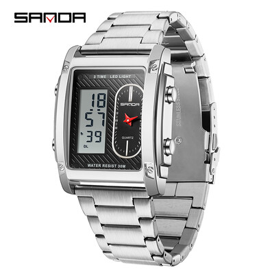 SANDA Fashion Ceas electronic creativ pentru bărbați Afișaj dublu Ceas electronic cu cuarț multifuncțional rezistent la apă Reno Masculino