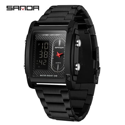 SANDA Fashion Ceas electronic creativ pentru bărbați Afișaj dublu Ceas electronic cu cuarț multifuncțional rezistent la apă Reno Masculino
