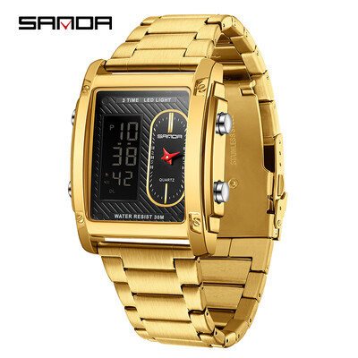 SANDA Fashion Ceas electronic creativ pentru bărbați Afișaj dublu Ceas electronic cu cuarț multifuncțional rezistent la apă Reno Masculino