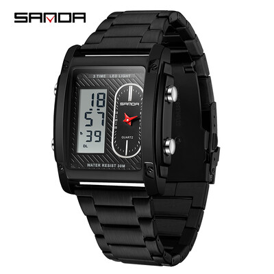 SANDA Fashion Ceas electronic creativ pentru bărbați Afișaj dublu Ceas electronic cu cuarț multifuncțional rezistent la apă Reno Masculino